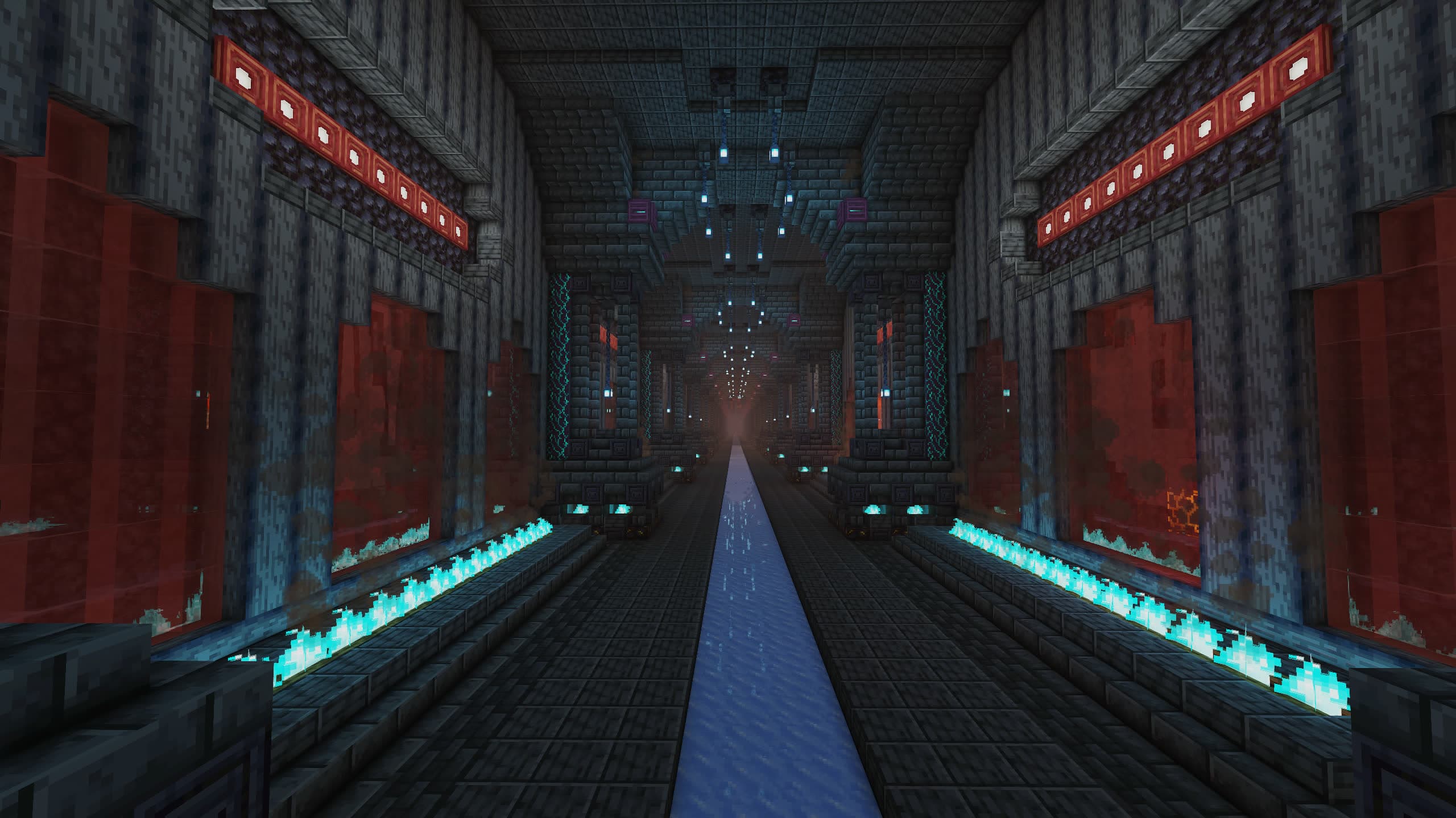 A long vaulted hall lined with red banners and glowing lamps, a walkway running into the distance