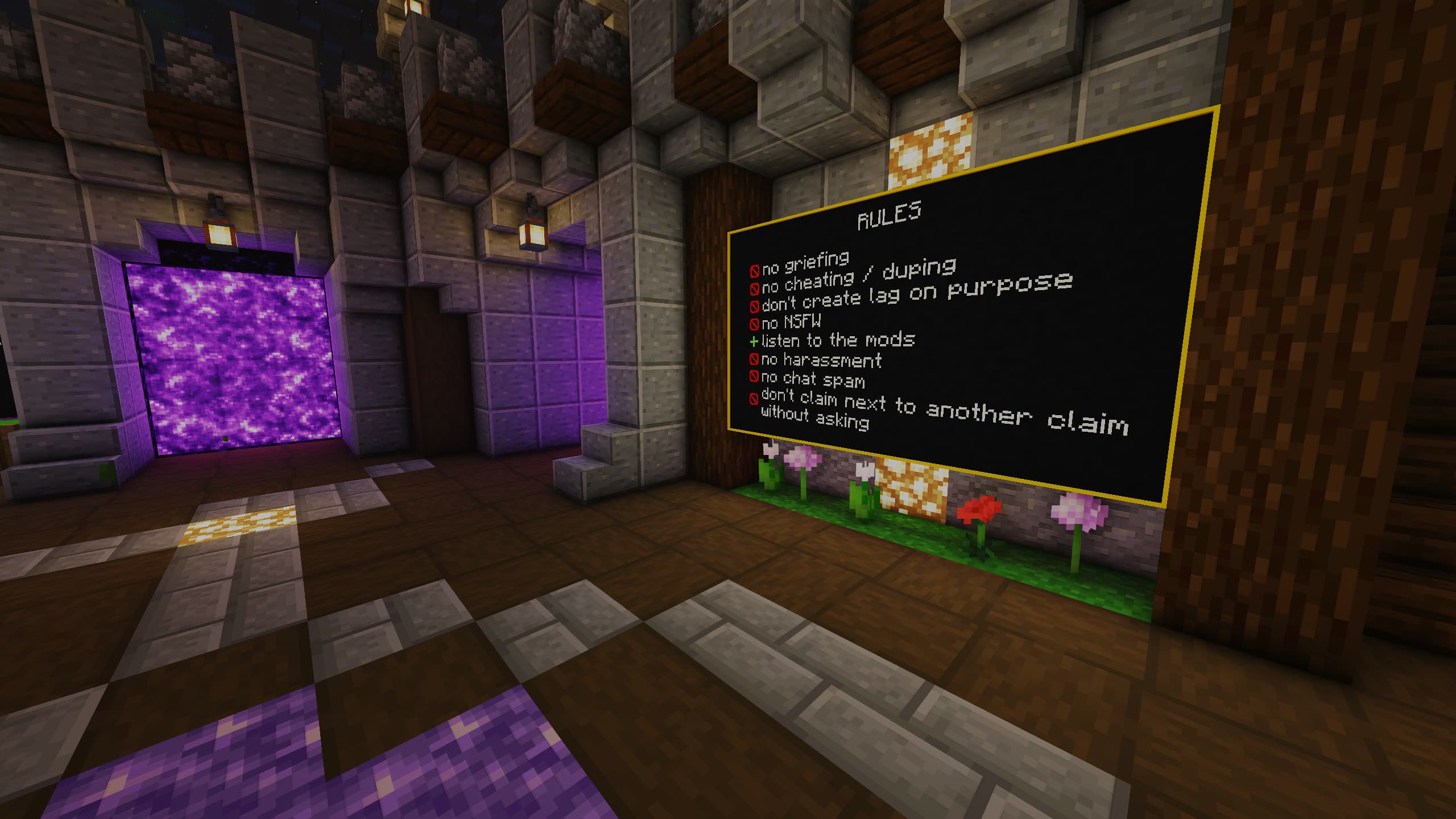 The rules board on the wall of the spawn plaza, a nether portal glowing on the far side