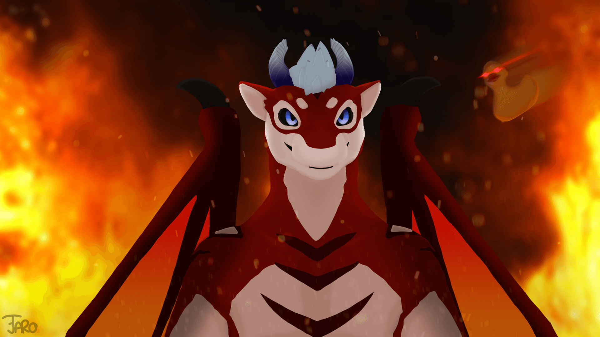Devil, a red dragon with blue hair, standing in fire
